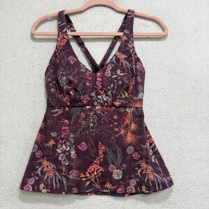 Title Nine Tankini Top Womens 34C Purple Floral Swim Swimwear Crossback